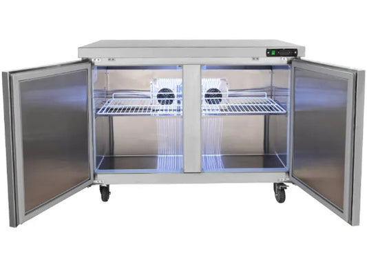Stainless steel refrigerator with open doors on a white background