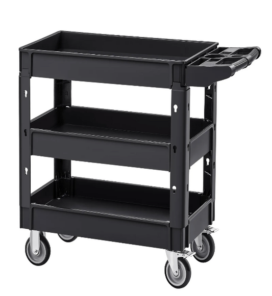 Material Push Cart Sideview Black utility cart with multiple shelves and wheels on a white background
