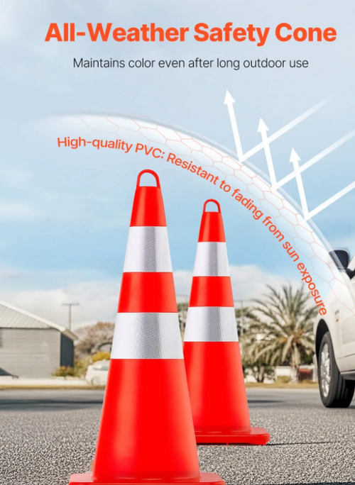 Orange 28-inch traffic safety cones creating a protected construction work zone.