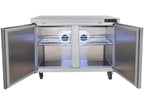Stainless steel refrigerator with open doors on a white background