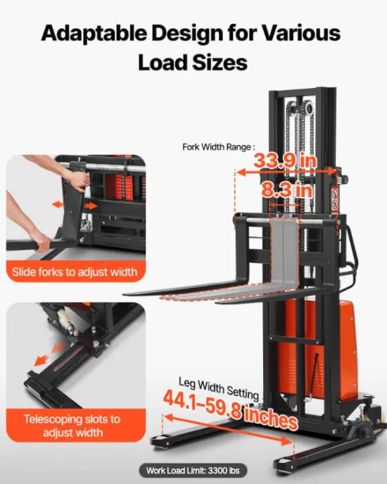Heavy-duty semi-electric pallet stacker transporting palletized products through a busy warehouse distribution center.