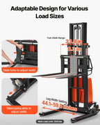 Heavy-duty semi-electric pallet stacker transporting palletized products through a busy warehouse distribution center.