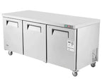 Stainless steel refrigerator with three doors on a white background