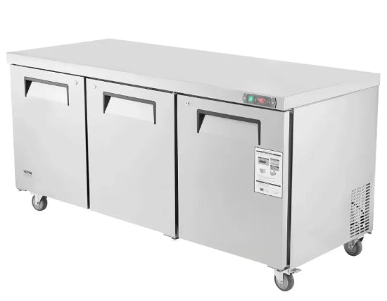 Stainless steel refrigerator with three doors on a white background