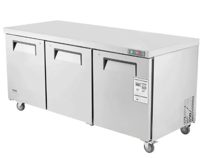 Stainless steel refrigerator with three doors on a white background