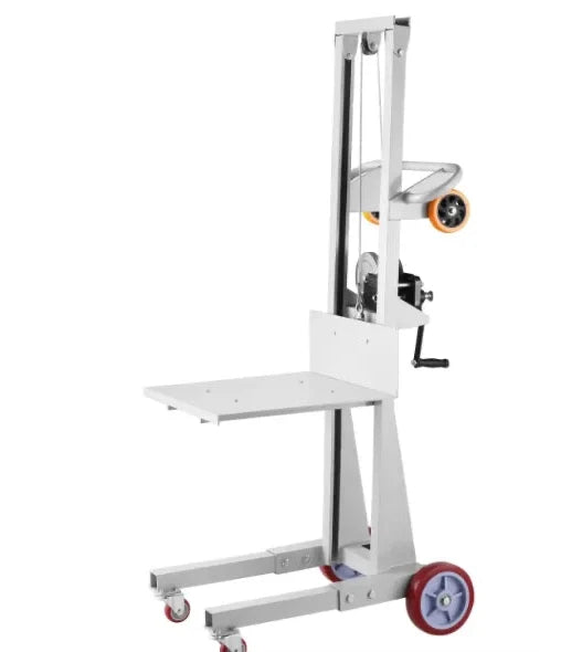 Industrial worker using a 400 lb winch stacker to lift materials in a warehouse environment.