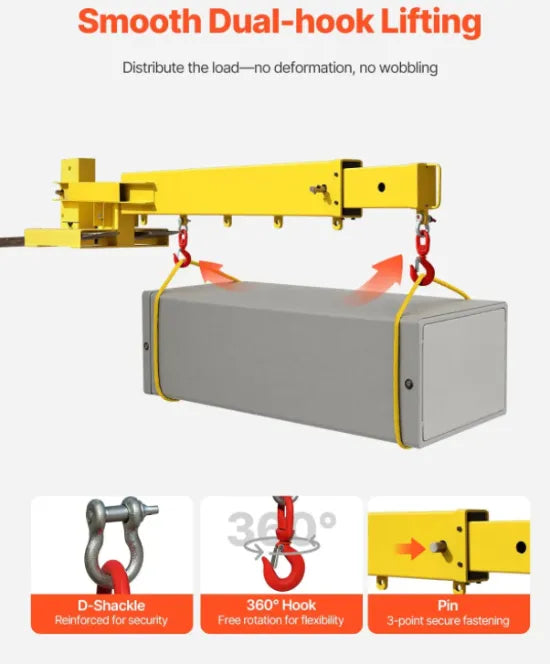 High-capacity forklift crane attachment lifting heavy machinery components during industrial operations.