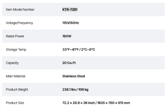 72" Commercial Refrigerator specs