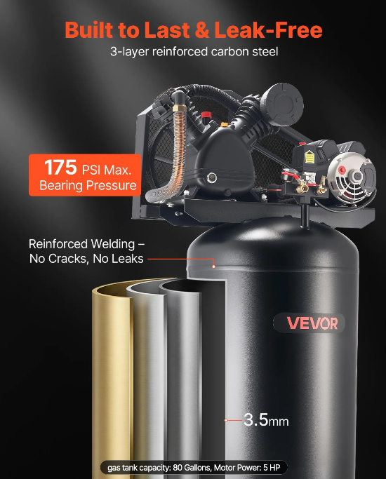 Heavy duty vertical air compressor with 10 SCFM at 90 PSI