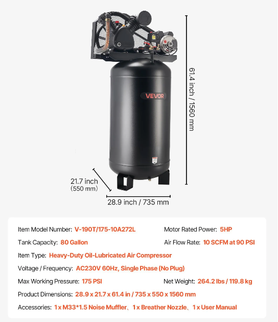 Oil lubricated 80 gallon stationary air compressor for manufacturing