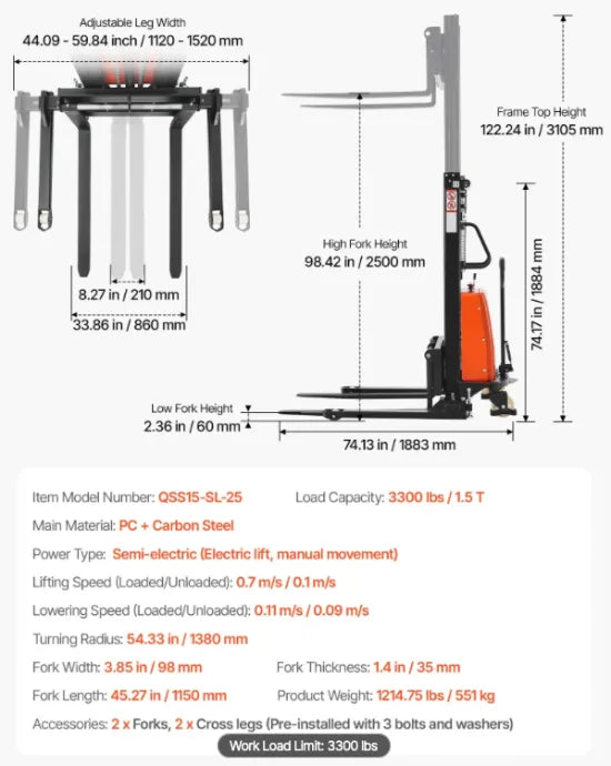 Electric pallet stacker with adjustable forks handling various pallet sizes in a distribution center.