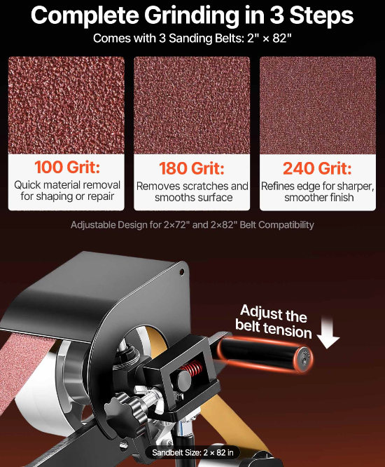 Side view of adjustable speed belt grinder with heavy-duty steel frame construction
