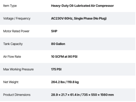 Technical specifications of a heavy-duty oil-lubricated air compress