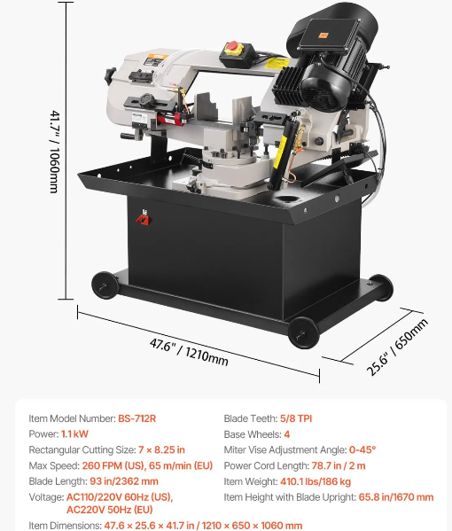 Benchtop band saw with dimensions and specifications 