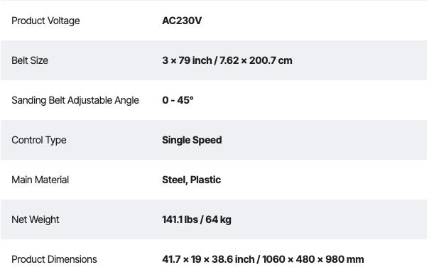 Technical specifications of a sanding belt machine 