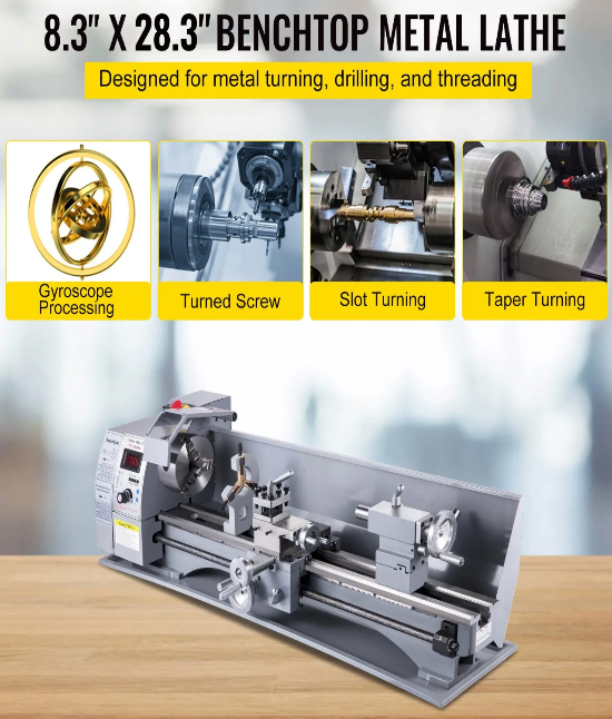 Benchtop metal lathe with examples of metalworking operations on a wooden surface.