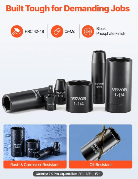 Chrome vanadium steel socket set designed for high-torque industrial and automotive applications.