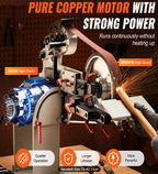 Copper motor with sparks and text highlighting features on a dark background