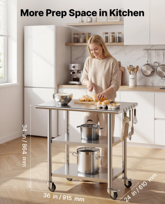 Stainless steel work table for food processing and packaging operations