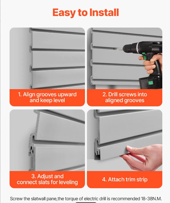 Commercial PVC slat wall display system holding equipment, hardware, and workplace essentials.