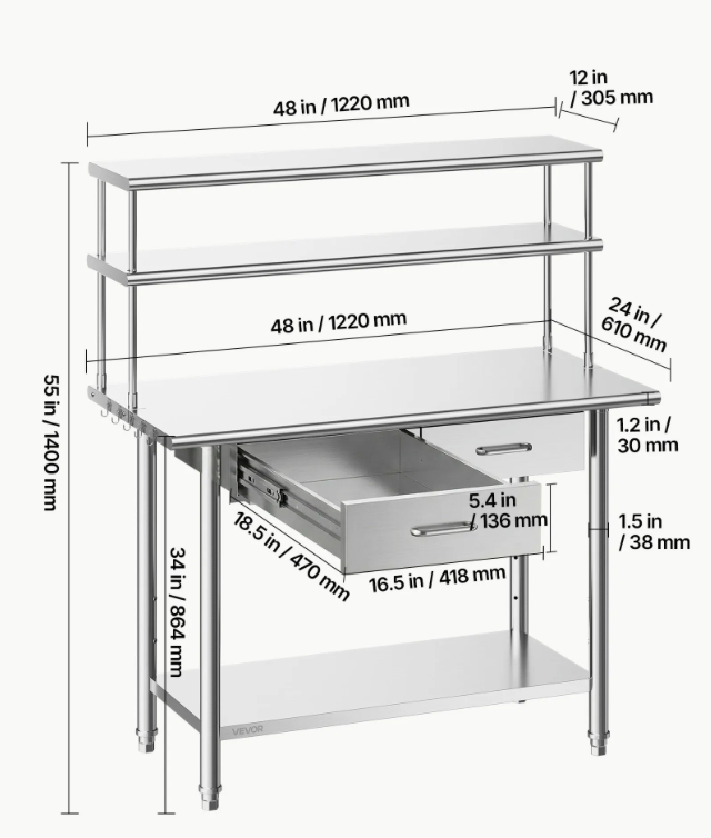 Smooth stainless steel food prep surface on commercial work table 