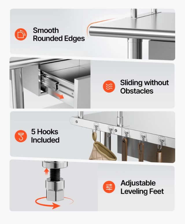 ommercial kitchen stainless steel prep table used for food preparation
