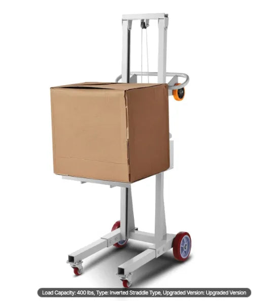 Winch stacker operating in narrow warehouse aisle for efficient material handling.