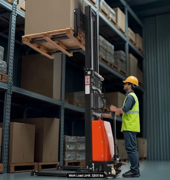 Compact semi-electric pallet stacker operating safely in narrow warehouse aisles between storage racks.