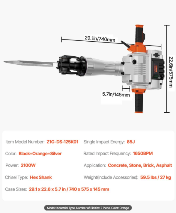 Heavy duty electric jack hammer for concrete demolition and asphalt removal