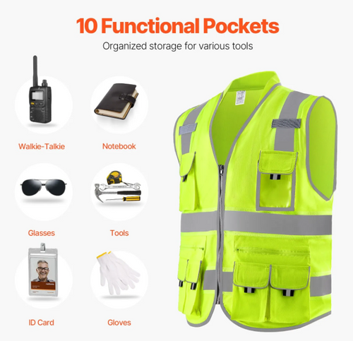 Construction workers wearing high visibility safety vests on an active commercial job site.