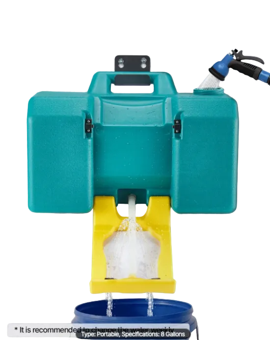 Emergency eye wash station providing eye protection at an active construction project.
