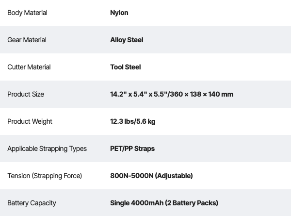 Cordless pallet strapper specifications technical specifications table for a product with details on body material, gear material, cutter material, product size, weight, and other features.