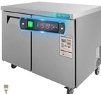 Stainless steel undercounter freezer with digital display on a white background