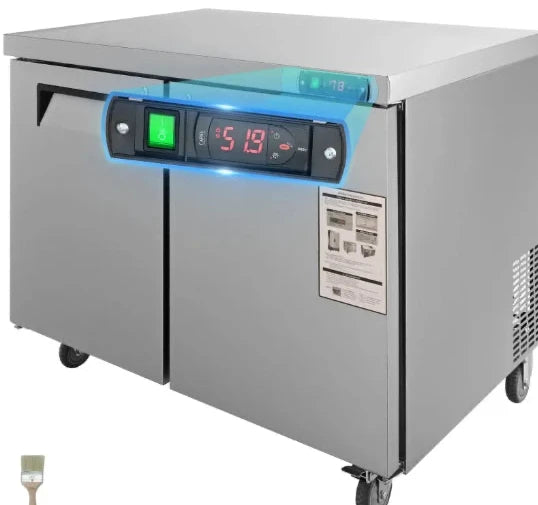 Stainless steel undercounter freezer with digital display on a white background