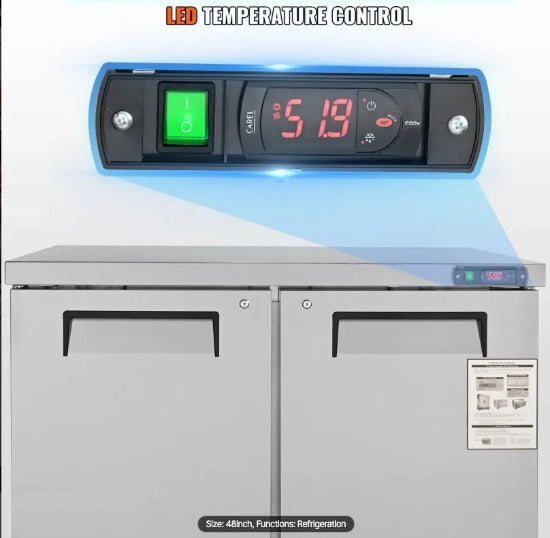 Digital temperature control panel on a refrigerator with LED display.