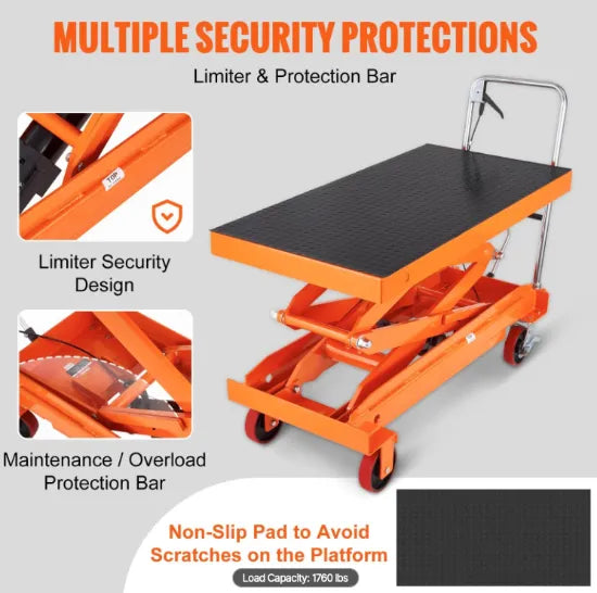Industrial double scissor hydraulic lift cart used on a manufacturing production floor.