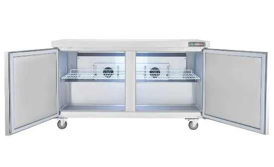 Large capacity commercial 2 door refrigerator with adjustable shelves and organized food storage