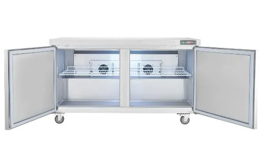 Large capacity commercial 2 door refrigerator with adjustable shelves and organized food storage