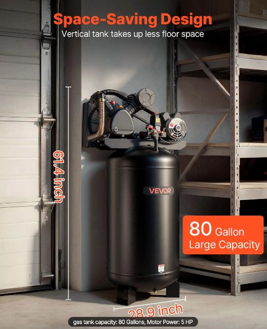 Belt driven 5 HP air compressor for warehouse and maintenance operations