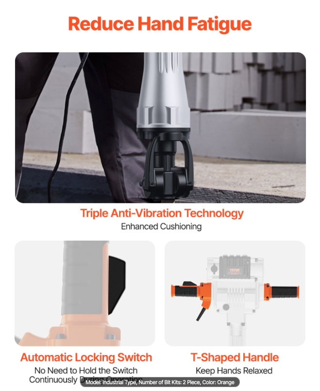 Triple anti-vibration technology and t-shaped handle.