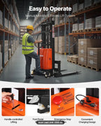 Semi-electric pallet stacker moving raw materials and production supplies across a manufacturing facility floor.