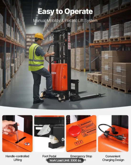 Semi-electric pallet stacker moving raw materials and production supplies across a manufacturing facility floor.