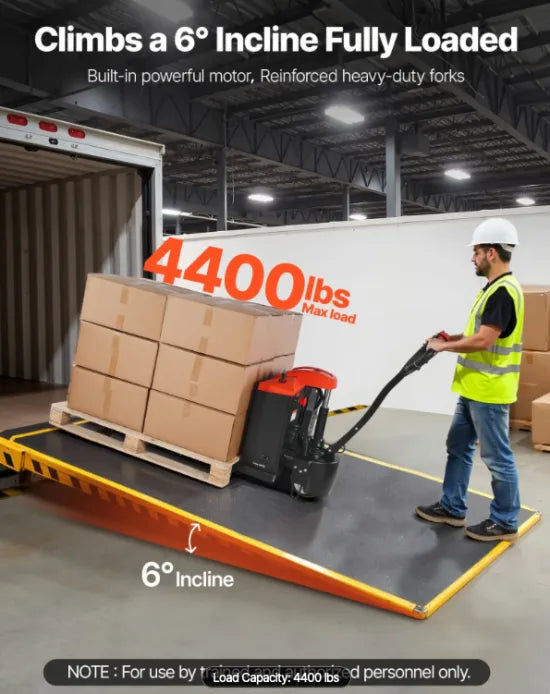Compact lithium electric pallet jack maneuvering safely between warehouse storage racks and inventory locations.