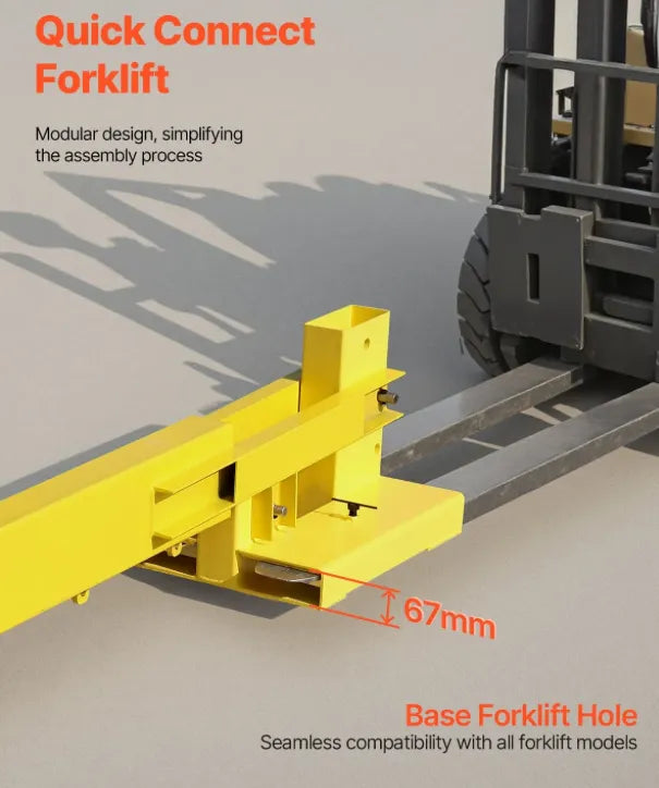 Forklift jib boom crane handling structural steel beams in a metal fabrication workshop.