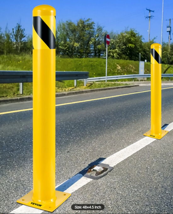 Heavy-duty safety bollard creating a protective barrier between forklift traffic and valuable warehouse assets.