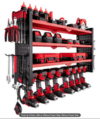 Wall-mounted drill organizer rack with dedicated storage for power tools, batteries, and charging accessories
