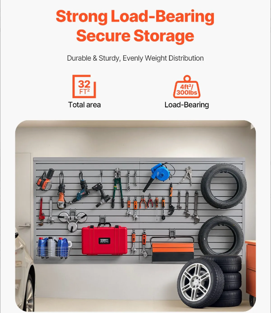 8 ft x 4 ft PVC slat wall panel mounted in a garage with neatly arranged tools and accessories.