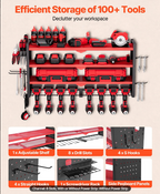 Space-saving garage wall organizer storing drills, drivers, chargers, and hand tools