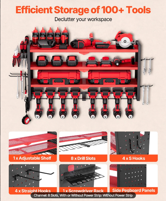 Space-saving garage wall organizer storing drills, drivers, chargers, and hand tools