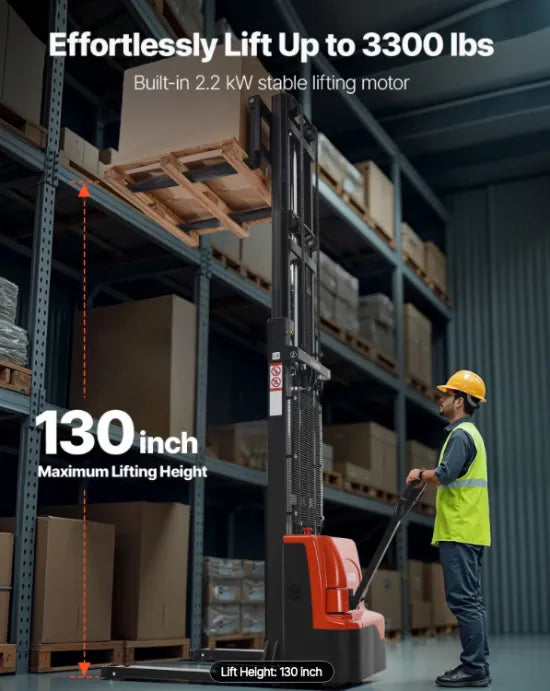 Fully electric pallet stacker moving production materials in a manufacturing and industrial environment.
